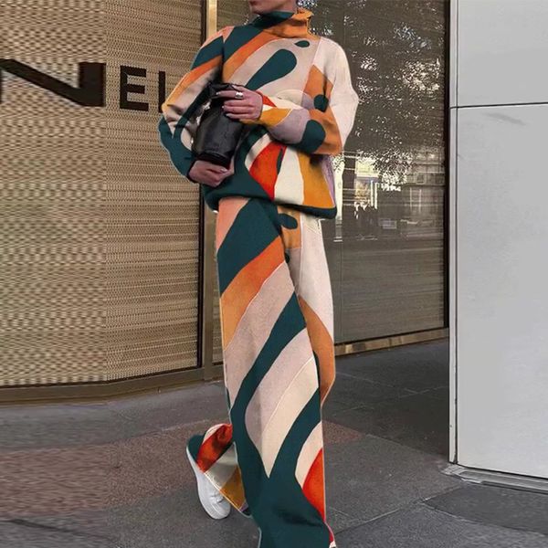 

women's two piece pants women vintage tie dye knitted two piece sets winter female warm suits turtleneck pullover sweater wide leg trou, White