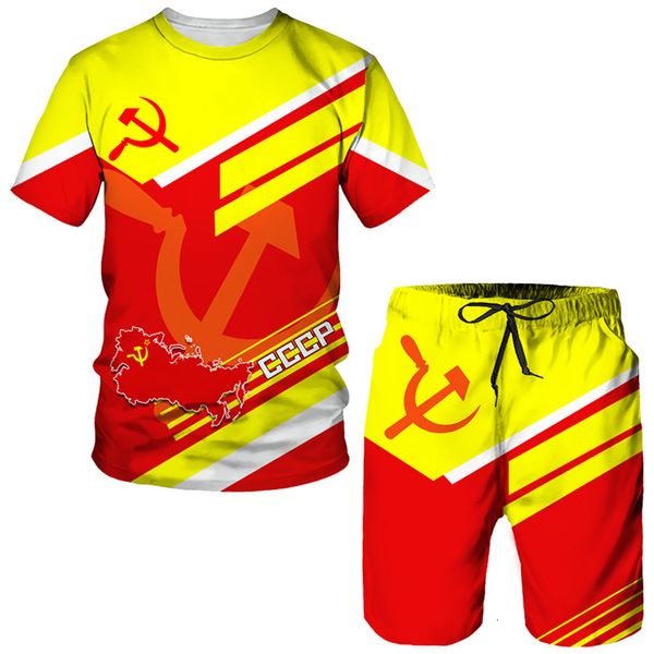 

men's tracksuits summer cccp russian t-shirt/shorts/suit ussr soviet union short sleeved hip hop streetwear two piece set tracksuit out, Gray