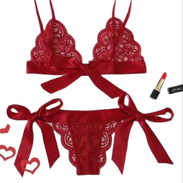 

women's underwear new cute design bra sets 2 piece bow silk satin strap bralette lace lingerie set, Red;black