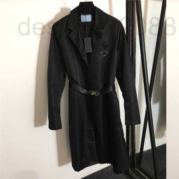 

women's trench coats designer metal triangle safety buckle belt waist long sleeve dress windbreaker autumn winter women overcoat with t, Tan;black