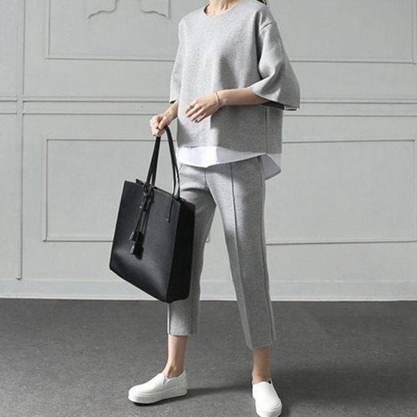 

women's two piece pants sweetkama autumn casual o-neck fake 2 pieces 3/4-length two-piece sets loose splits sleeve cotton suits 221130, White