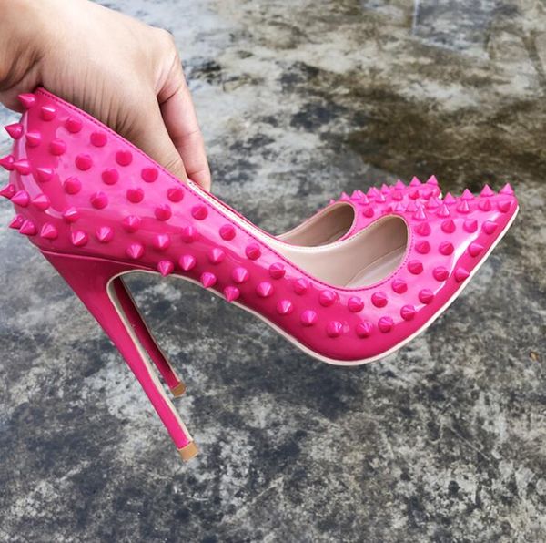 

2022 news style casual designer white dress shoe patent leather studded spikes point toe high heels shoes pumps bride wedding party shoes, Black