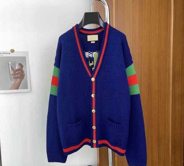 

2023 women's sweaters color matching v-neck cardigan 100th anniversary series knitted stripe medium length jacket men's and, White;black