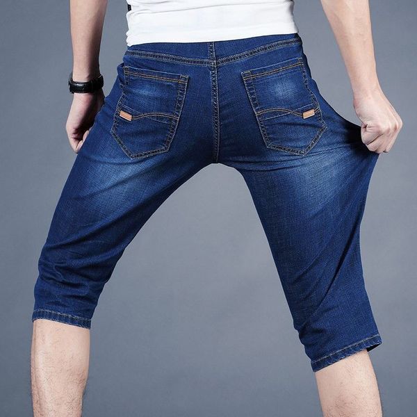 

stretch summer men's jeans five-point denim pants men's casual seven-point loose straight leg, Blue