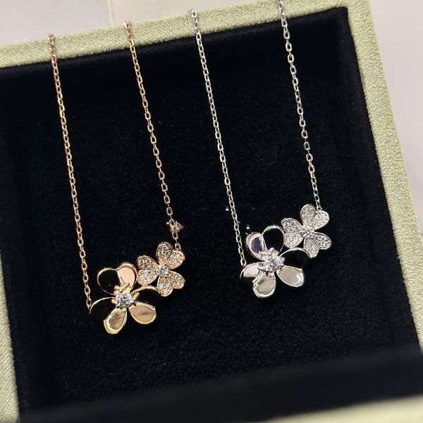 

vintage frivole pendant necklace sterling silver full crystal double four leaf clover flower charm choker collar for women jewelry party gif