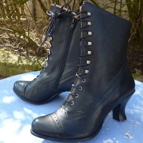 

boots women's short autumn british style retro pu pointed toe high heels plus size thick heel motorcycle botinha feminina 221129, Black