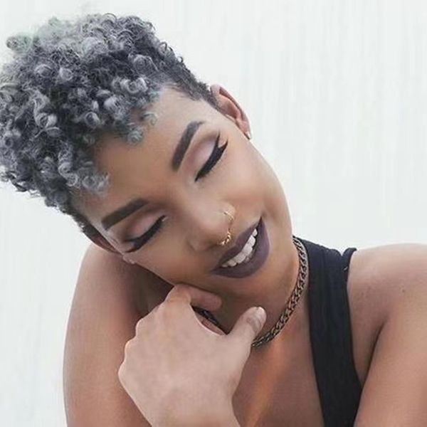

short human kinky curly gray wigs for women pixie curls bob salt and pepper silver grey glueless machine made none lace cosplay wig, Black;brown