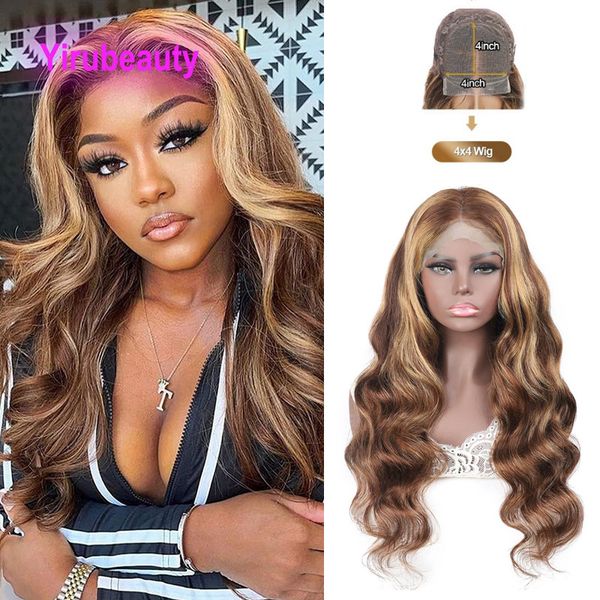 

4x4 lace wig brazilian human virgin hair peruvian indian p4/27 body wave piano color yirubeauty 10-32inch hair products 210% density, Black;brown