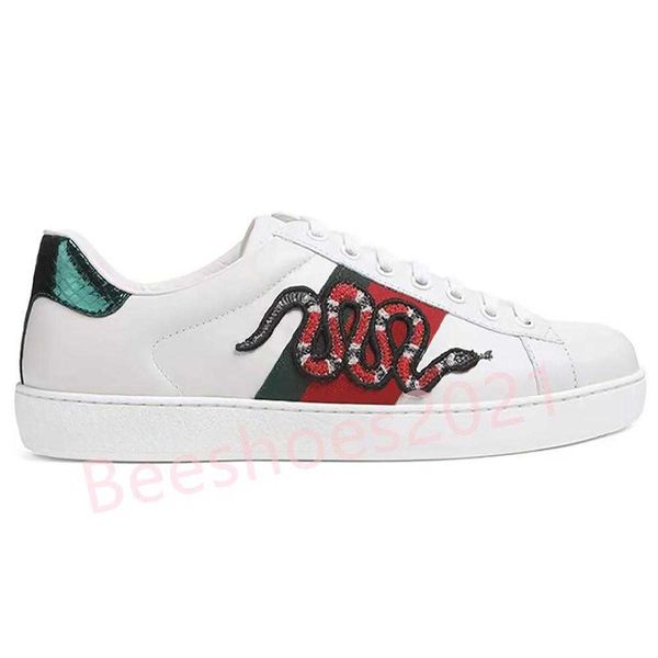 

mens italy bee casual shoes women white flat leather shoe green red stripe embroidered tiger snake couples trainers des cha, Black