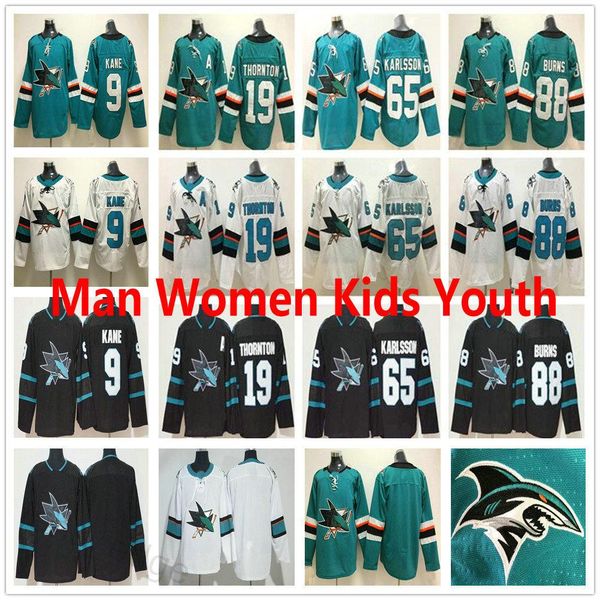 

men women kids san jose sharks ice hockey jerseys #9 evander kane 19 joe thornton 39 logan couture 88 brent burns 65 erik karlsson jersey, Black;red