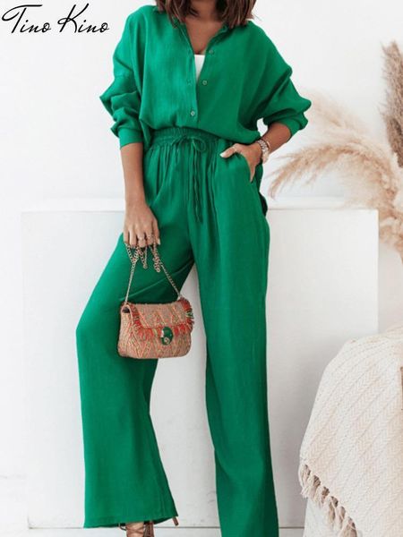 

women's two piece pants casual women tracksuit shirts pant suit summer long sleeve shirt wide leg 2 pieces set female lady fashion outf, White