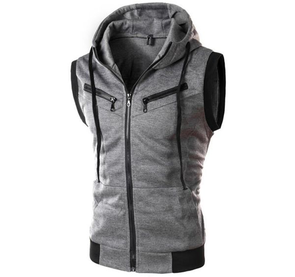 

New men' summer hooded sleeveless vest solid casual slim vest jacket, Wine red