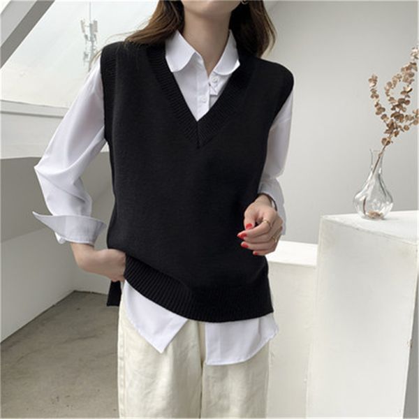 

women's vests 1pcs black sweater autumn and winter korean loose v-neck knitted sleeveless basic 221130, Black;white