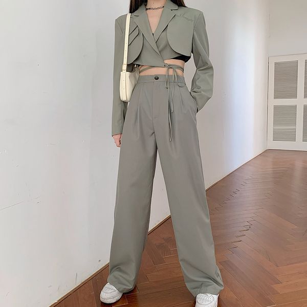 

women's two piece pants runway chic women crop lace-up blazer coat high waist long suits for female summer streetwear 2 set 221130, White