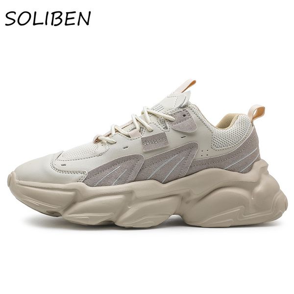 

height increasing shoes soliben men casual fashion men's chunky sneakers dad thick sole hard-wearing male footwear 221129, Black;white