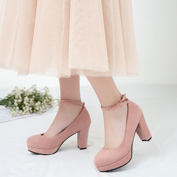

sneakers yqbtdl teenager girl shoes summer faux suede bowknot pumps pink beige black green chunky heels ankle strap party 221130, Black;red