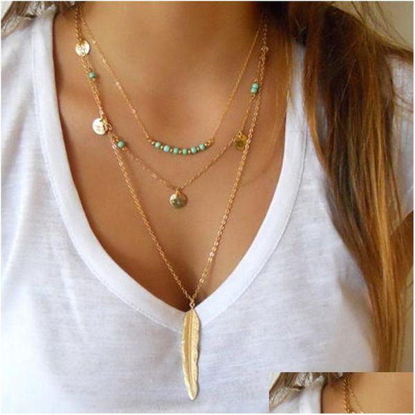 

pendant necklaces fashion jewelry mti layer necklace metal feather pendant beaded drop delivery necklaces pendants dhria, Silver