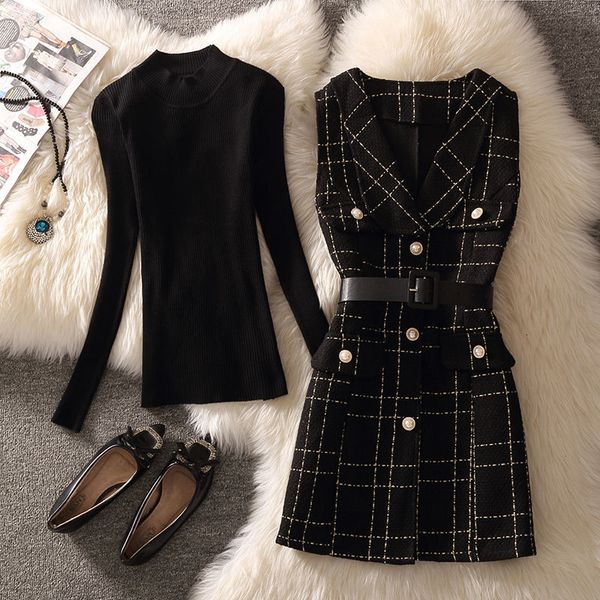 

women's vests vintage mid-length plaid tweed vest jacket women 2 piece set elegant pearl button belted unlined waistcoat and knitted sw, Black;white