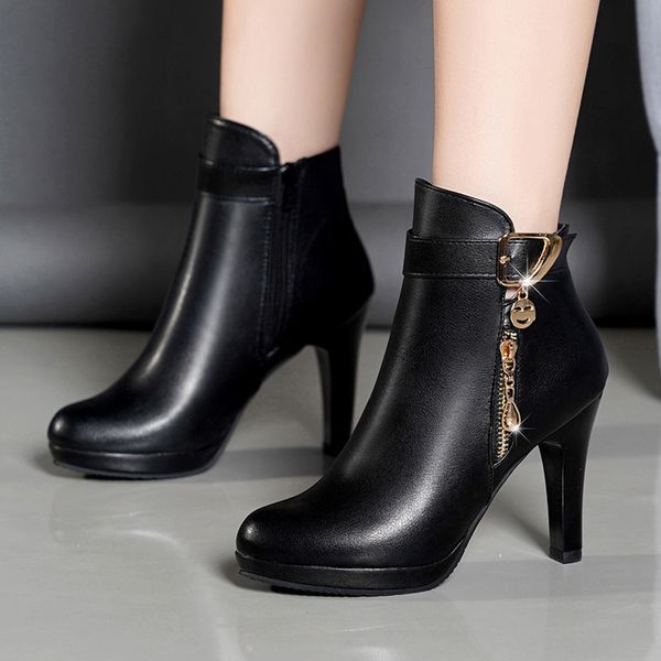 

boots women autumn ankle for thin heel zipper casual female shoes leather botas mujer 221129, Black