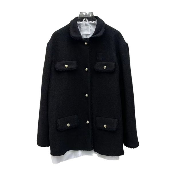 

autumn and winter temperament new stand collar black lace tweed wool coat
