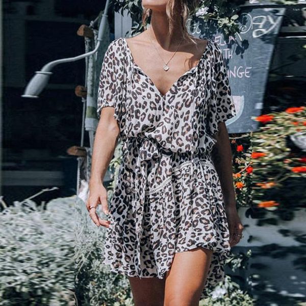 

hoodies chiffon leopard print off shoulder summer sleeve deep v-neck loose mini, Black