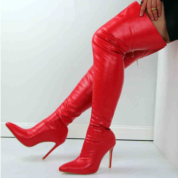 

boots new black red thigh high heels women pu leather over the knee female back zip pointed toe large size shoes 220901
