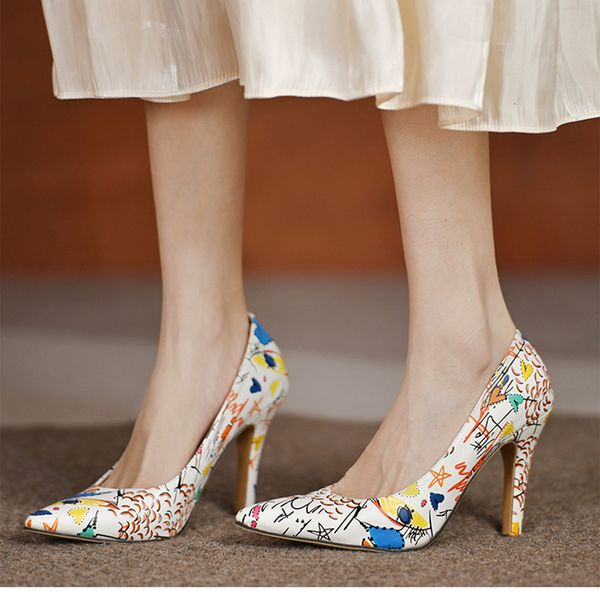 

dress shoes high heel spring ladies fashion printing shallow mouth pointed toe stiletto pumps patent leather single shoes 221130, Black