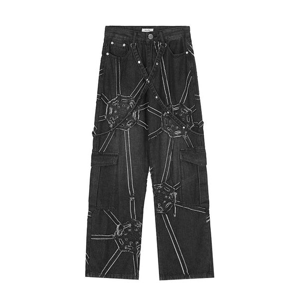 

wide leg jeans hip hop men's pants streetwear vintage mens jean straight moto biker denim pants, Black;brown