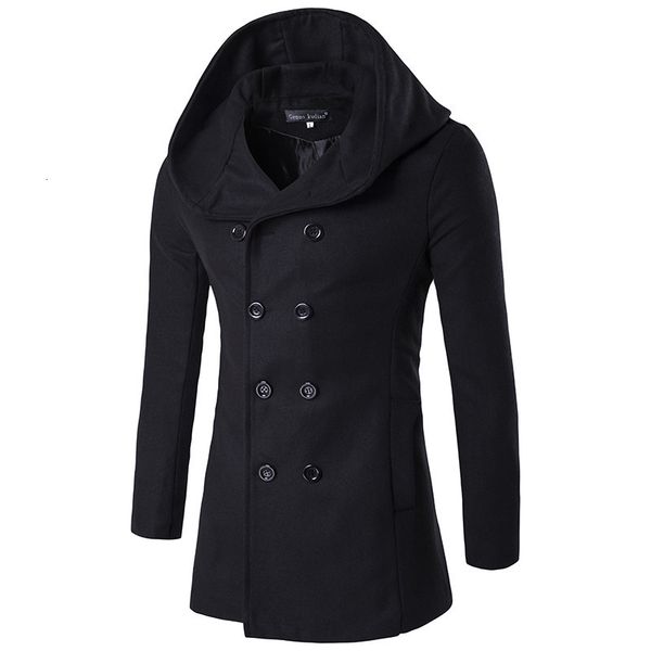 

mens jackets double breasted hooded woolen coat lapel windbreaker personality fashion solid color clothing jacket men 221129, Black;brown