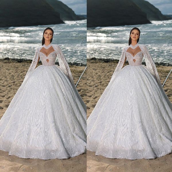 

exquisite beading wedding dress ball gown custom made shiny high neck sequins lace church bridal dresses, White