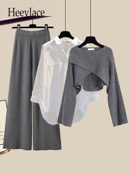 

women's two piece pants fall winter 3 sets womens outfit office ladies elegant irregular knitted sweater shirt wide leg set women cloth, White