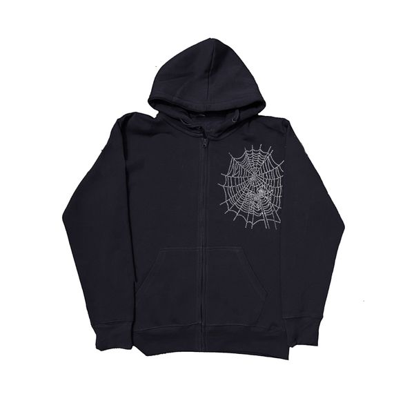 

women's hoodies sweatshirts goth spider web embellished oversized zip hoodie women fall harajuku y2k high street couple jacket sweatshi, Black