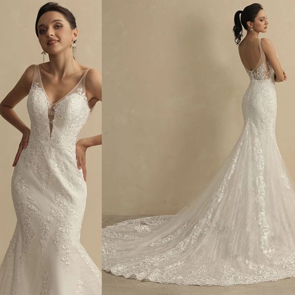 

2022 mermaid lace wedding dress for women v neck backless vintage bridal gown, White