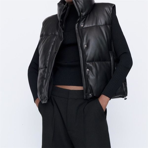 

women's vests fashion streetwear women puffy winter thick parkas jacket black pu female coats faux leather down waistcoat loose lady 22, Black;white