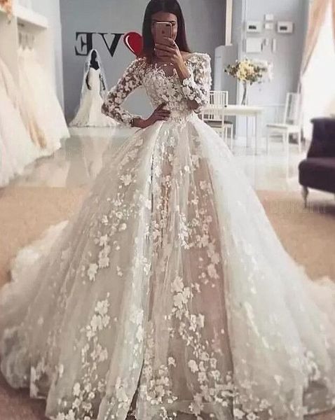 

2023 boho wedding dresses bridal gown long sleeves 3d floral applique scoop neck a line sweep train plus size custom made beach garden vesti, White