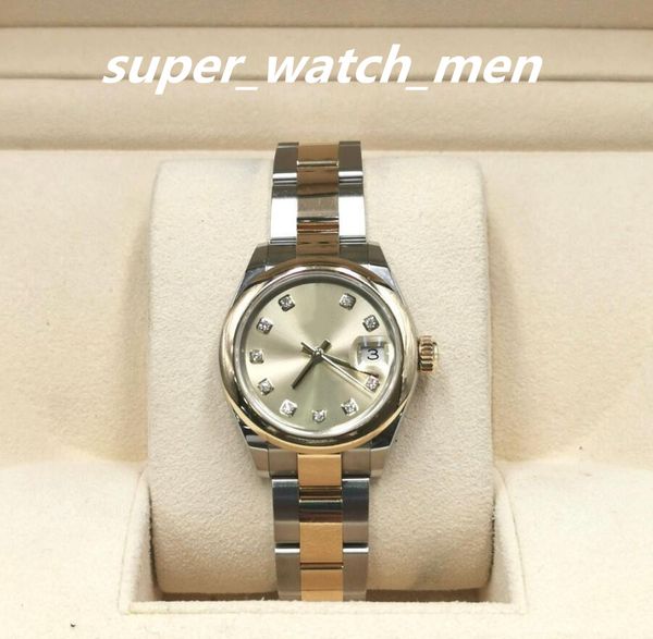 

lady's watch automatic movement mechanical silver 28mm watchs 18k gold & steel diamond dial with box/booklet sapphire diving ladies fas, Slivery;brown