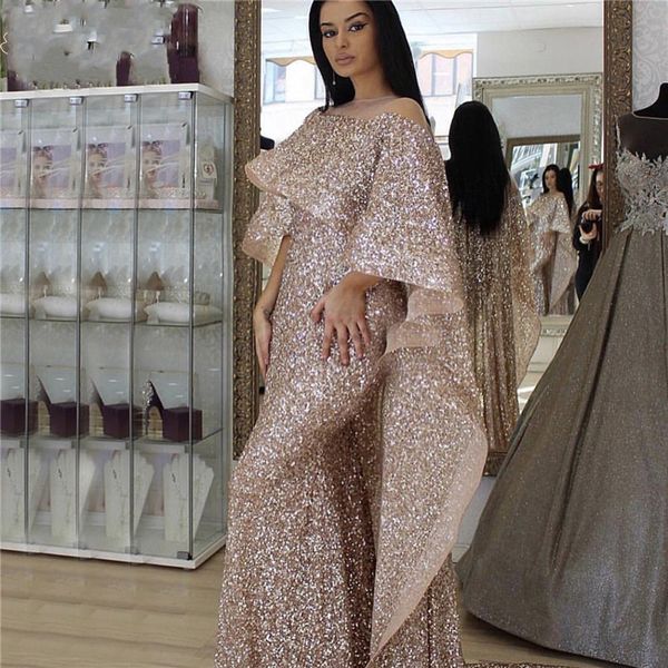 

rose gold sleeveless shawl luxury evening dress 2023 dubai mermaid sequined sparkle formal prom party gowns robe de soiree, Black;red
