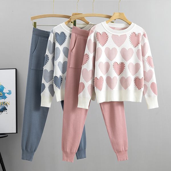 

women's two piece pants fashion women sweater 2 sets chic knit embroidery bead heartshape pullovers spring harem sport tracksuits suit, White