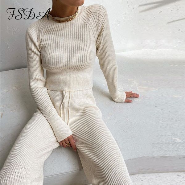

women's two piece pants fsda women set sweater long sleeve and biker autumn winter white casual warm outfits knitted 221130