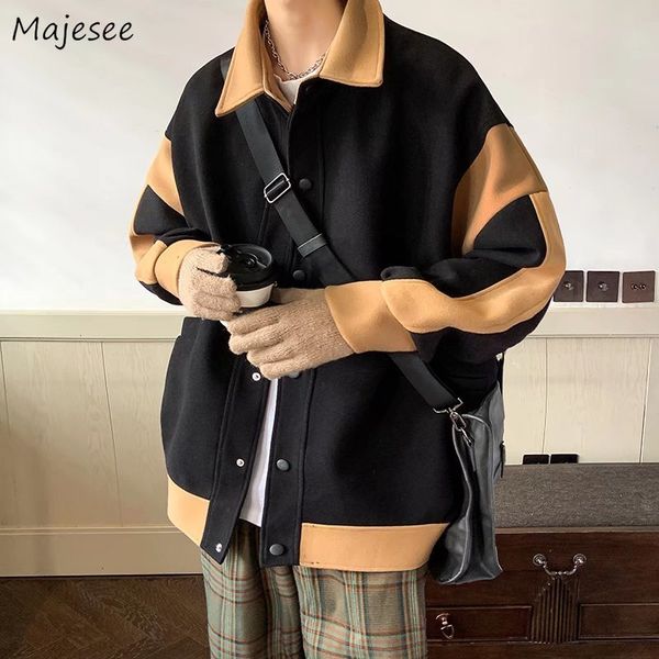 

men's jackets men patchwork autumn warm japanese style fashion ins baggy casual turn down collar pockets ly students all match soft 221, Black;brown