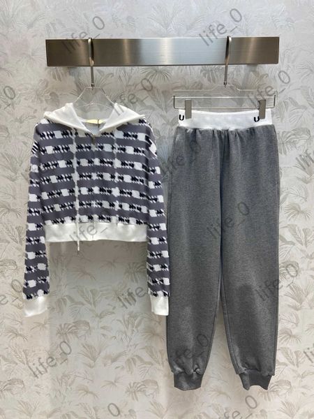 

designer brand womens two piece pants patchwork striped short hoodie coats elastic waist letter logo embroidery trousers fashionable women, White