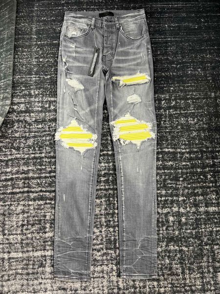 

mens jeans casual slim men designers jean stretch pants destroy the quilt ripped straight knee yellow leather retro hip hop street pant, Blue