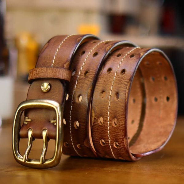 

belts adhesives pure cow perforated worn brushed pure copper buckle widened thickened leather belt hand sewn, Black;brown