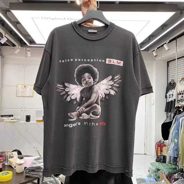 

men's t-shirts black angel print wash worn t-shirt man t221130, White;black