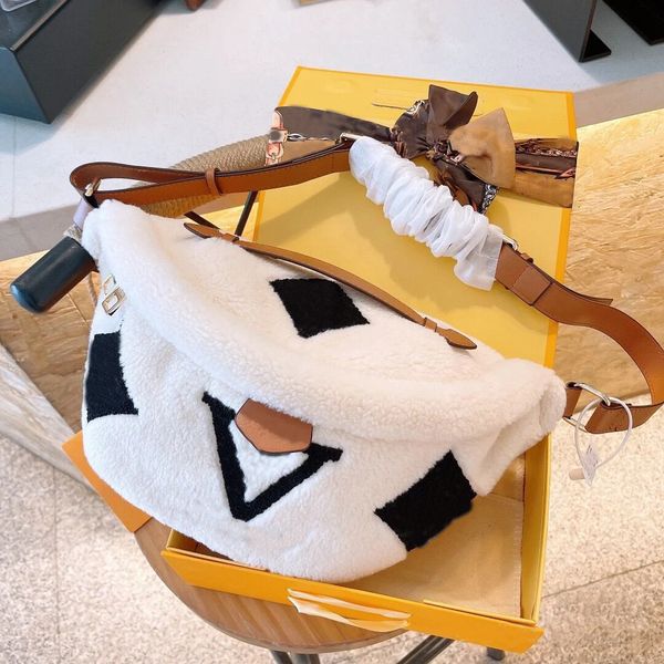 

mens womens winter teddy waist bag designer chest bags crossbody lamb wool genuine soft fur bumbag classic shoulder belt bag