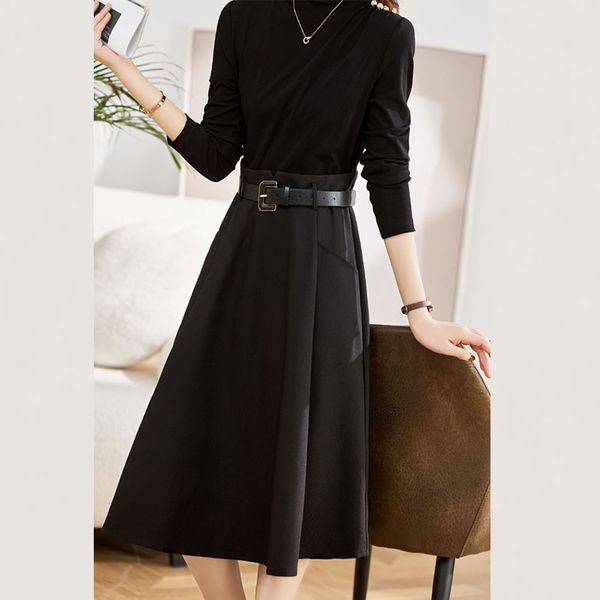 

fake two-piece long sleeved patchwork dress for women in autumn and winter new high-end fashion style medium long bottomed skirt famous ladi, Black;gray