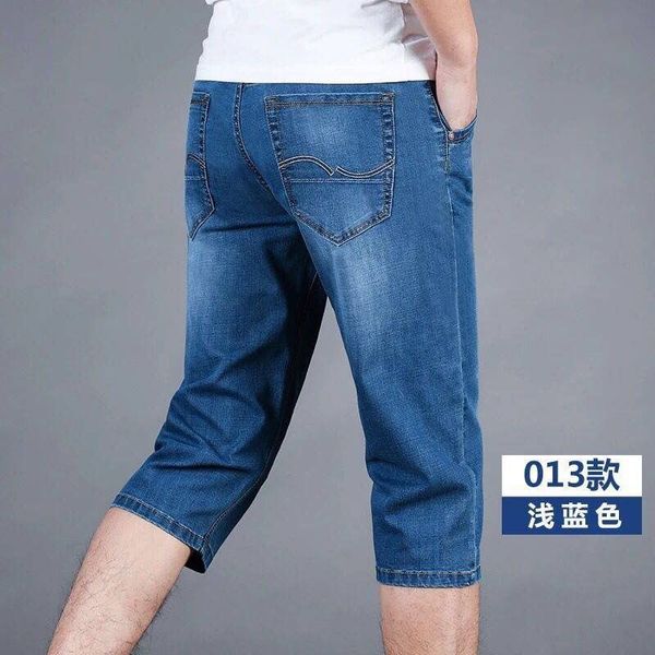 

two-outfit summer thin stretch cropped denim shorts men's loose straight light bunched breeches, Blue