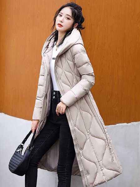 

women's down parkas woman jacket belted rhombus winter coats hooded warm thick jackets over the knee fashion solid parka 221129, Black