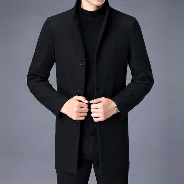 

men's wool blends winter wool coat men thick coats slim fit stand collar mens fashion wool blend outwear jackets smart casual trench co, Black