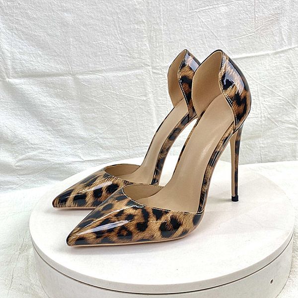 

2023 new leopard print hollow dress shoes high heels 12cm pointed toe stiletto fashion shallow mouth women's pumps, Black